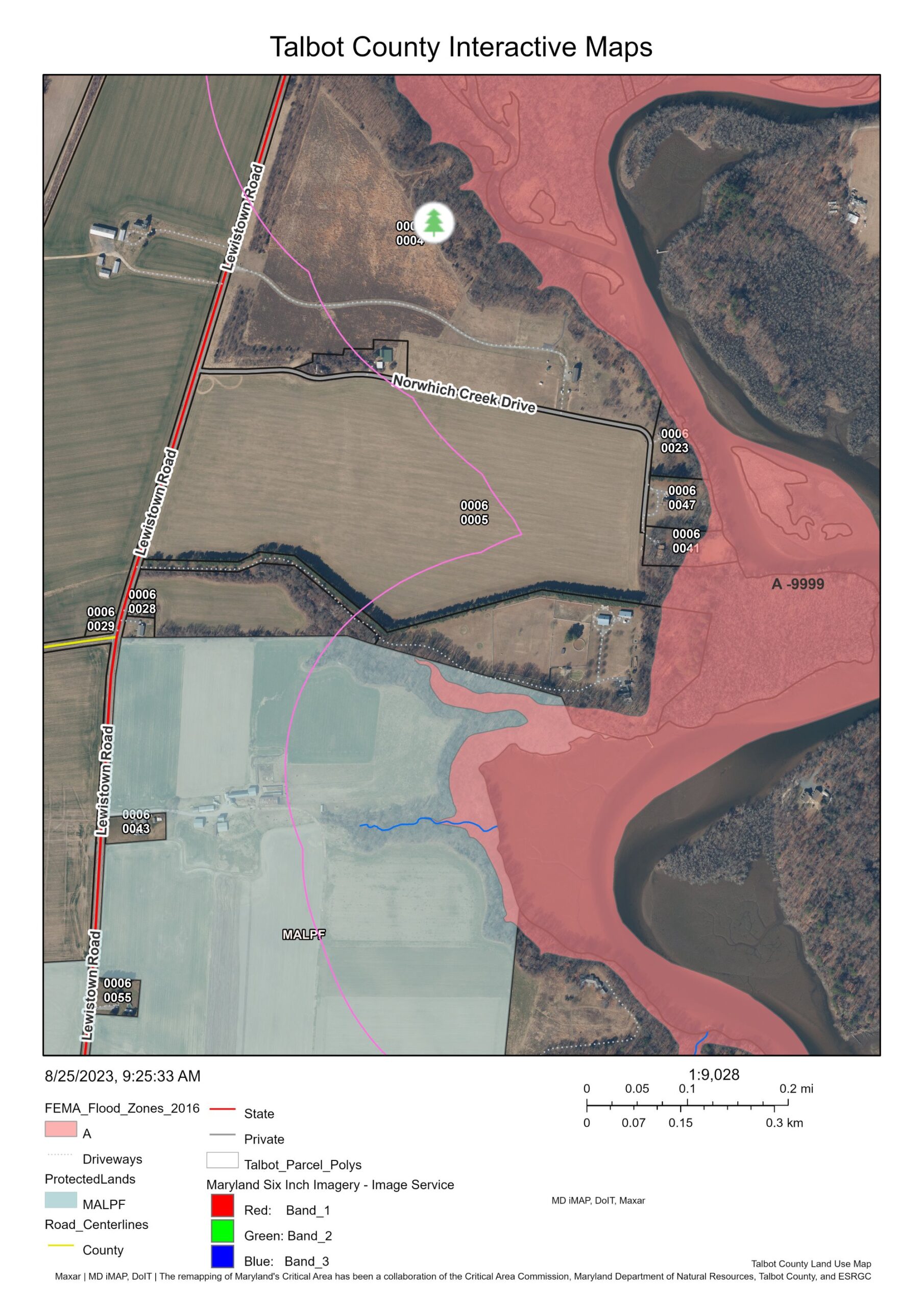 An example of a Talbot County Land Use Interactive Map shows county-owned land below Queen Anne off Lewistown Road. The red-shaded area shows a riverine flood zone and below in the blue-shaded area is a Maryland Agricultural Land Preservation Foundation easement. The maps are maintained by the Talbot County Department of Planning and Zoning and used as an easy way for real estate professionals, mortgage brokers, surveyors, appraisers, engineers, contractors, and other business leaders to search for information related to a specific property or the county at large. The maps can be accessed online at bit.ly/talbotgis.
